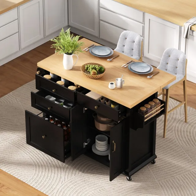 COVREO Keukeneiland 107 x 45-70 x 90,5 cm - met rollen, uittrekbaar blad, laden en kast, zwart