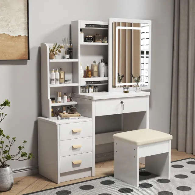 COVREO Kaptafel 85x36x130 cm wit MDF met spiegel, verlichting en 4 lades