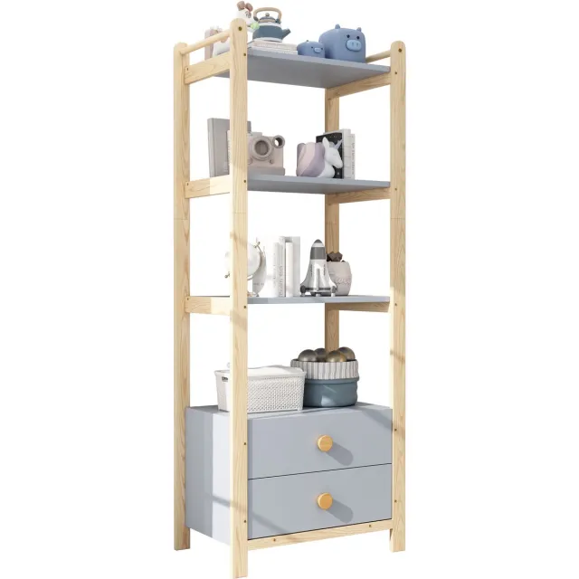 Rolipo Boekenkast Staand Open Kast met Lades - ROLIPO Opbergkast Hout Metaal Look 4 Planken 2 Lades Smalle Kast Woonkamer Slaapkamer Boekenkast Industrieel Modern - Blauw Natuurhout 70x44x180 cm Blauw / Natuurhout