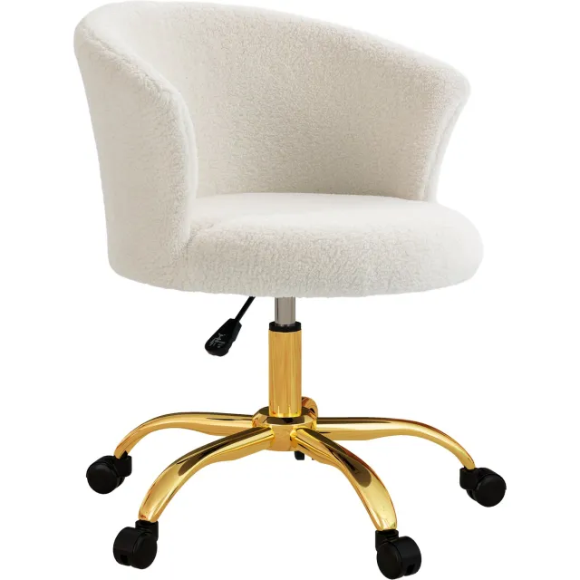 MUVANO Witte bureaustoel met teddystof - Vaste armleuningen - Goudkleurig onderstel - 58 x 56 x 68-76 cm - In hoogte verstelbaar - Voor werkkamer en kaptafel