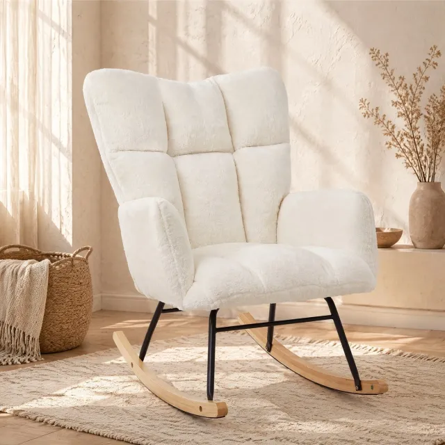 REDOM Schommelstoel - Stoffen zitting met hoge rugleuning en armleuningen - Houten en metalen frame - Scandinavische stijl - Woonkamer - Hout en metaal - Wit - 69 x 89 x 101 cm
