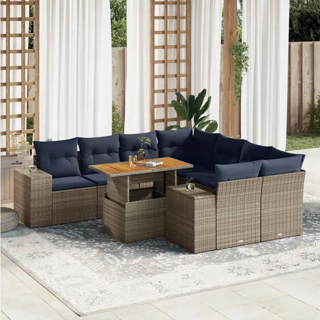 vidaXL 9-delige Loungeset met kussens poly rattan grijs, foto 2