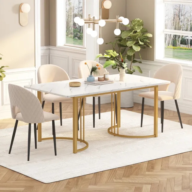FloraGrace Eettafel - Rechthoekig Met Marmerlook En Verstelbare Voetjes - Voor Keuken En Eetkamer - MDF En Metaal - 140x80x75 Cm - Wit