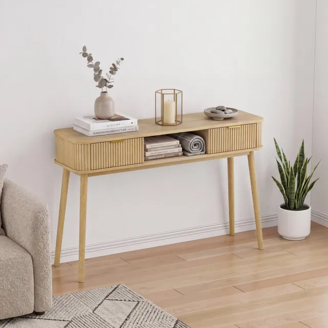 DESMIU Sidetable - Twee Lades en Open Opbergvak - Voor Hal en Woonkamer - Hout en Eikenlook - 120 x 35 x 77,6 cm