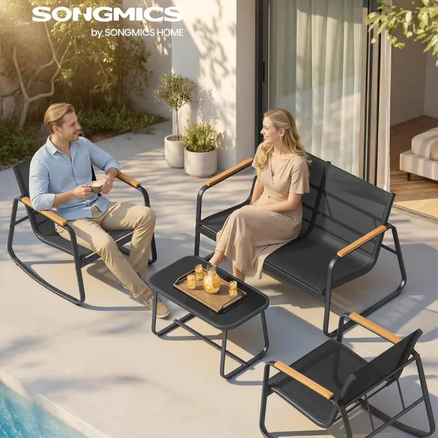 Laura Tuinmeubelset voor 4 Personen – 2 Schommelstoelen, Tafel en Tuinbank – Ademend Kunstvezelweefsel, Robuust Stalen Frame, Balkon, Terras & Tuin – 73 cm Diep – Zwart – Laura