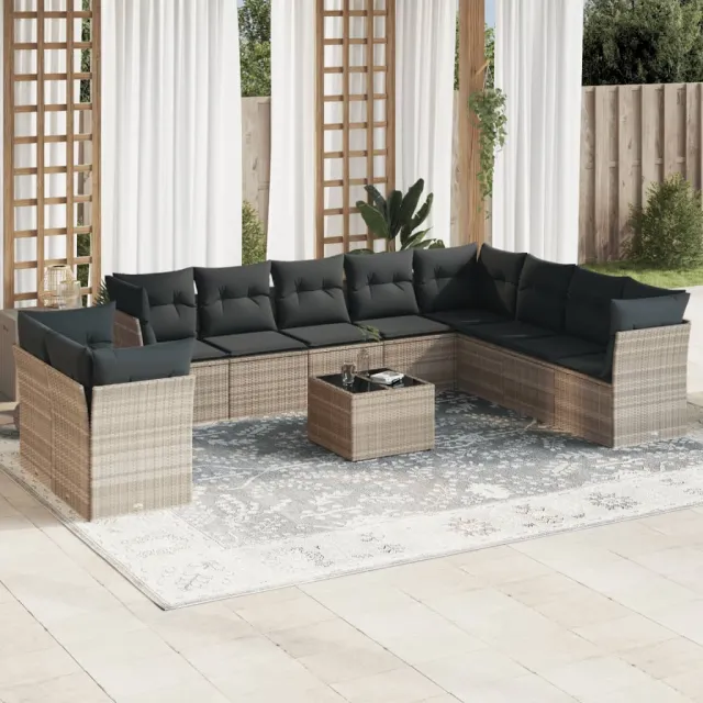 vidaXL 11-delige Loungeset met kussens poly rattan lichtgrijs grijs, foto 2