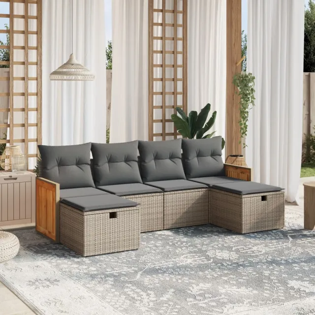 vidaXL 6-delige Loungeset met kussens poly rattan grijs, foto 2