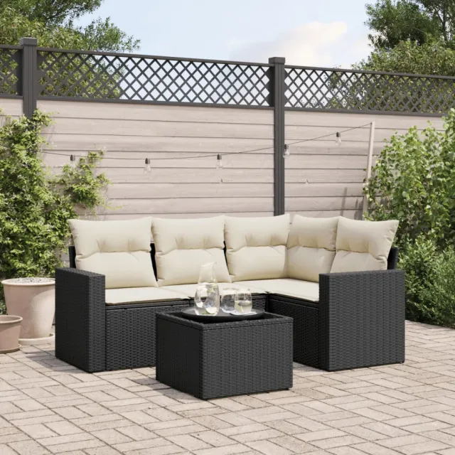 vidaXL 5-delige Loungeset met kussens poly rattan zwart, foto 2