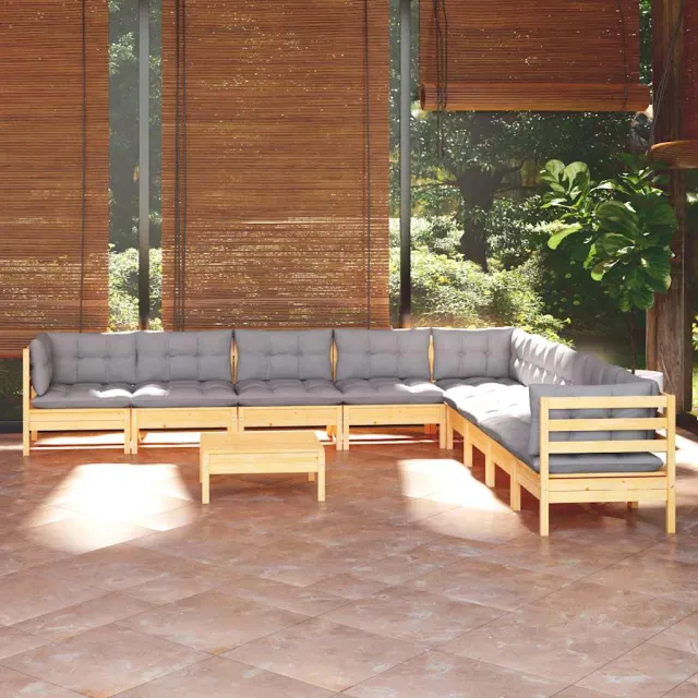 vidaXL 10-delige Loungeset met grijze kussens massief grenenhout grijs, foto 2