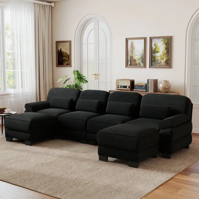 MIVRAY U-Bank 336 x 161 x 94 cm - Modulaire 4-Zits Met 2 Hockers - Flexibel in U- of L-Vorm - Voor de Woonkamer - Zwart Ribfluweel