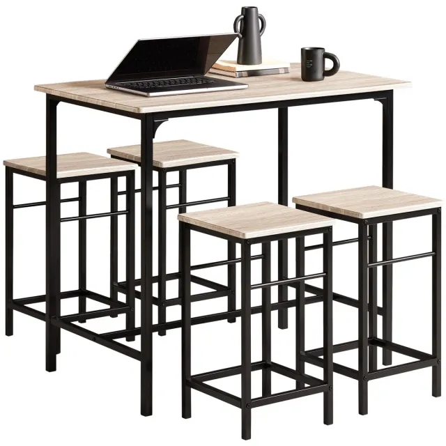 Gudalio Bartafel - Tafel - Keukentafel - Bistrotafel - Statafel - Incl. 4 Barkrukken - 5 delig - Modern - Houtpatroon - Zwart