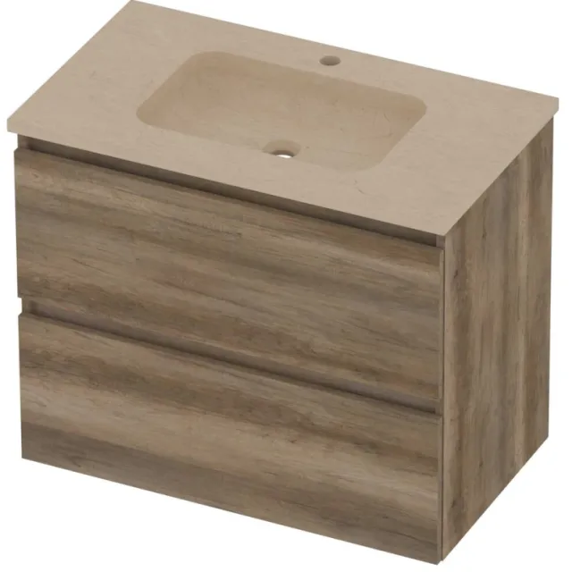 Basic-Line Rocky 46 Badmeubelset Hardsteen 1 Kraangat Greeploos 80x46x62 cm Scotch Oak Sand Stone Beige