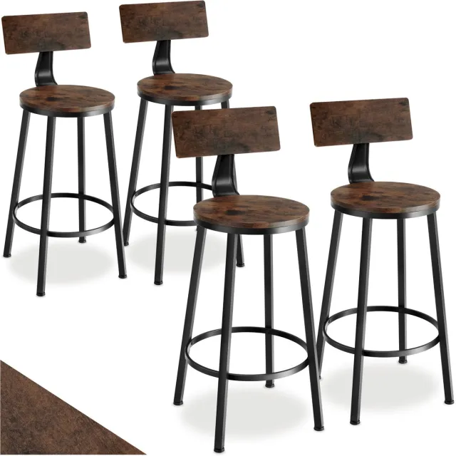 Tectake Barkruk - Ronde Bistrokruk - Set van 4 - Barkrukken - Vintage Barstoel met Voetsteun en Rugleuning - Zitting van MDF-hout - Industrieel design - Draagkracht kruk 120 kg - Afmeting 46,5 x 104 cm - Barstoelen - Eetkamerstoelen - Donkerbruin