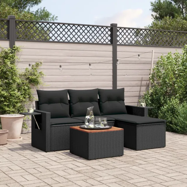 vidaXL 5-delige Loungeset met kussens poly rattan zwart, foto 2