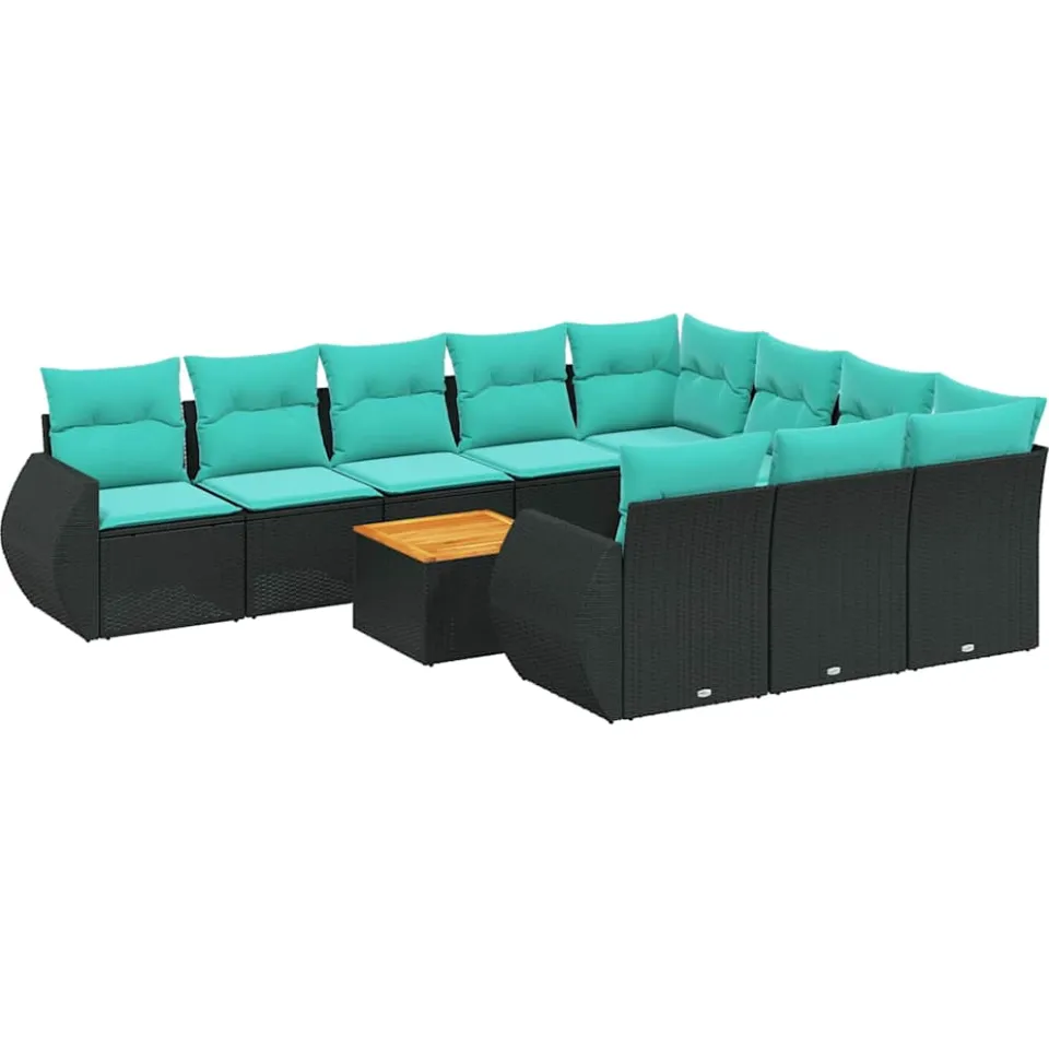 vidaXL 11-delige tuinbankset met kussens, zwart polyrotan