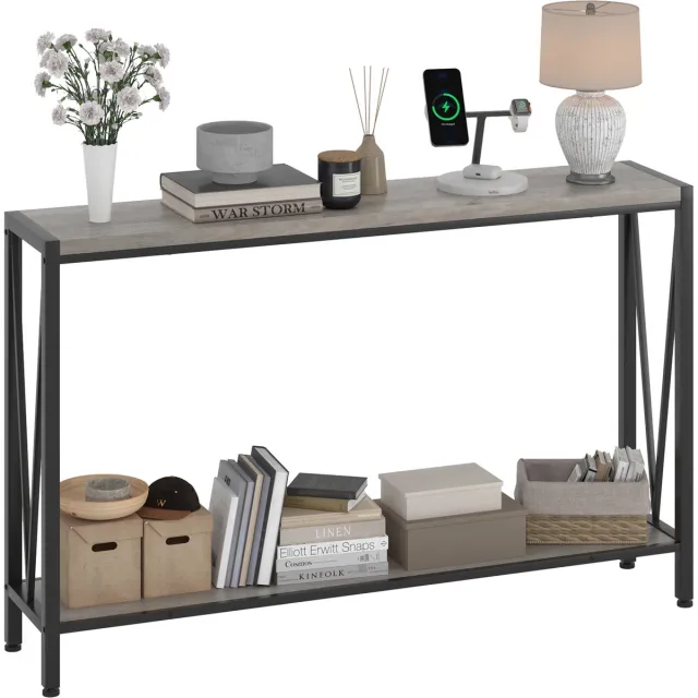 Danky Industriële Sidetable met 2 Niveaus - Smalle Consoletafel & Haltafel - Grijs & Zwart Metaal - Wandtafel voor Woonkamer, Entree of Achter de Bank - 109 x 25 x 76 cm