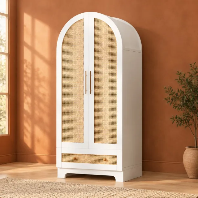 Maisentiel Witte kledingkast met dubbele deuren, lades en rotanlook - 70 x 55 x 170 cm