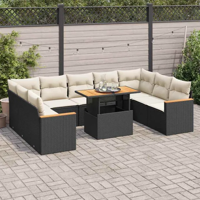 vidaXL 10-delige Loungeset met kussens poly rattan acacia zwart, foto 2
