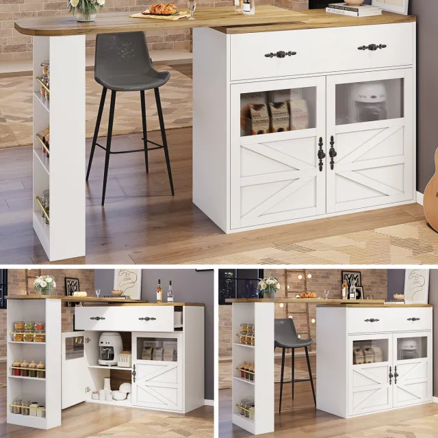 Clruro Bartafel - 138-204×39×104 cm - 360° Draaibaar met Opbergrekken - Keukeneiland - Wit