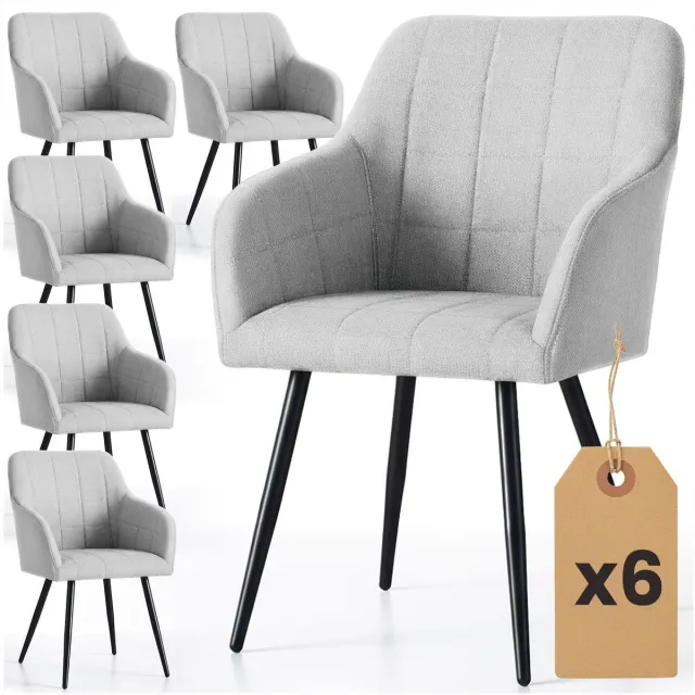 Akord Set van 6 Eetkamerstoelen LUXANO met Armleuningen / Gestoffeerde Stoelen en Metalen Poten / Lumos-stof / Lichtgrijs met zwarte benen Lichtgrijs met zwarte benen Lumos-Stof
