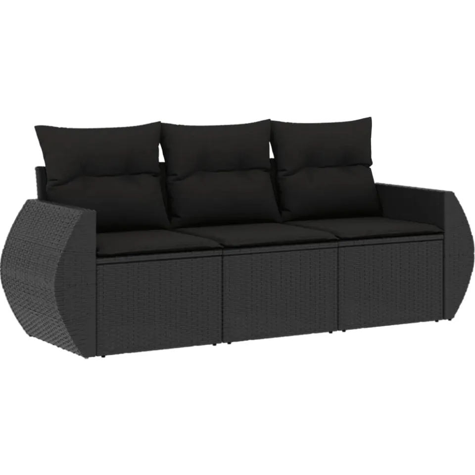 vidaXL 3-delige Loungeset met kussens poly rattan zwart, foto 3