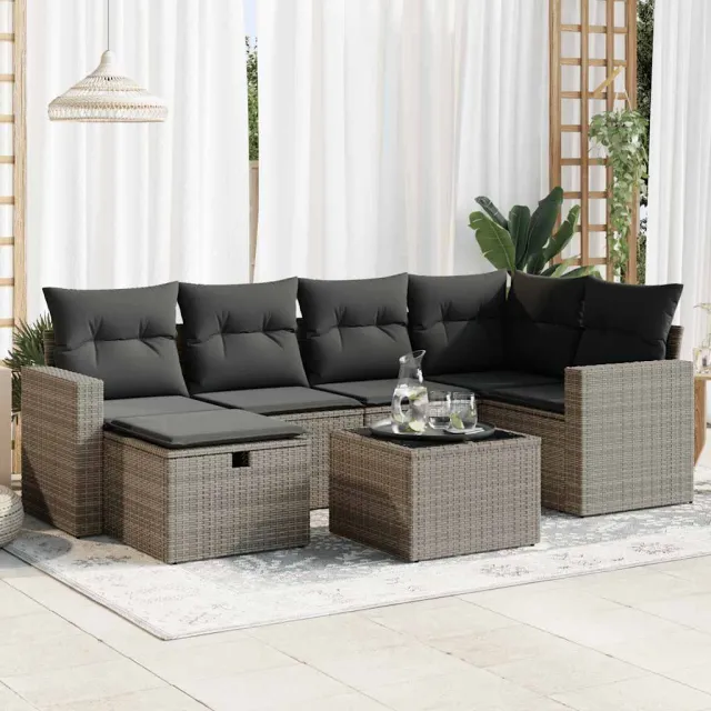 vidaXL 7-delige Loungeset met kussens poly rattan grijs, foto 2