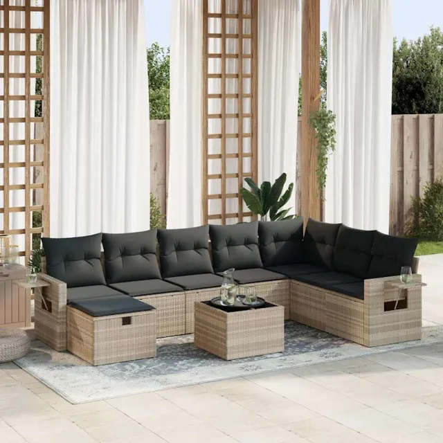 vidaXL 9-delige Loungeset met kussens poly rattan lichtgrijs grijs, foto 2