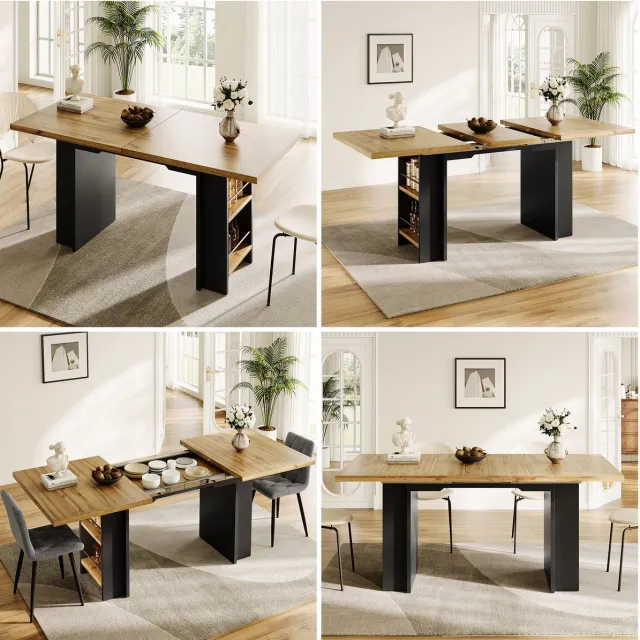 Clruro Eettafel - 120-160×80 cm - Telescooptisch Met Planken - Uitbreidbare Keuken- En Woonkamertafel - Houtkleur - Hout Natuurlijk Hout