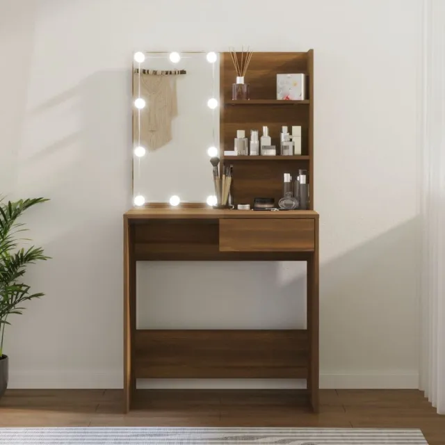 GranMaison Kaptafel met spiegel en verlichting - Make up tafel - Make up - Toilettafel -Met lades - 74,5 x 40 x 141 cm - Bruineiken