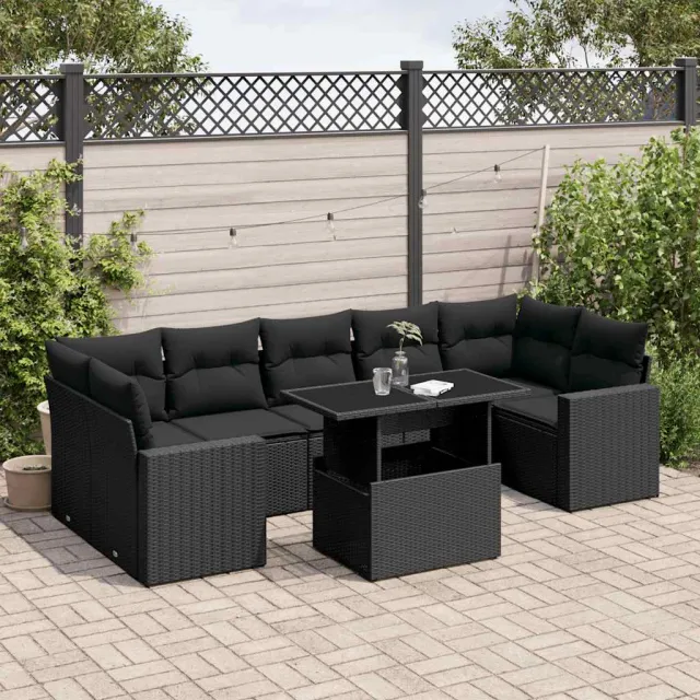 vidaXL 8-delige Loungeset met kussens poly rattan zwart, foto 2