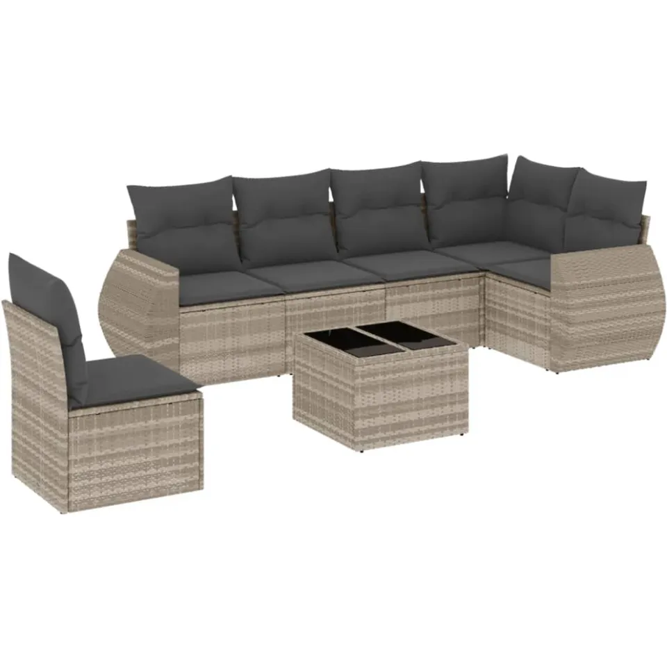 vidaXL 7-delige Loungeset met kussens poly rattan lichtgrijs
