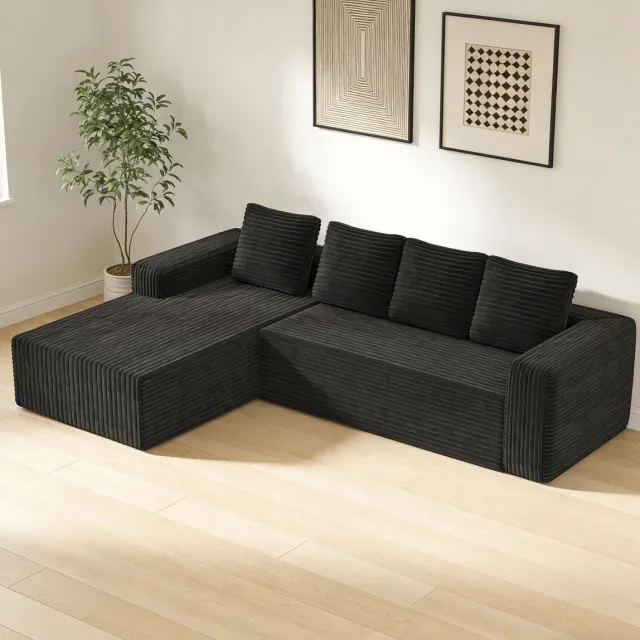 FloraGrace Hoekbank 4-Zits 261 Cm - Modulaire L-Vorm Met Rechter Chaise Longue En Diepe Zit - Voor Woonkamer Of Slaapkamer - Corduroy - Zwart