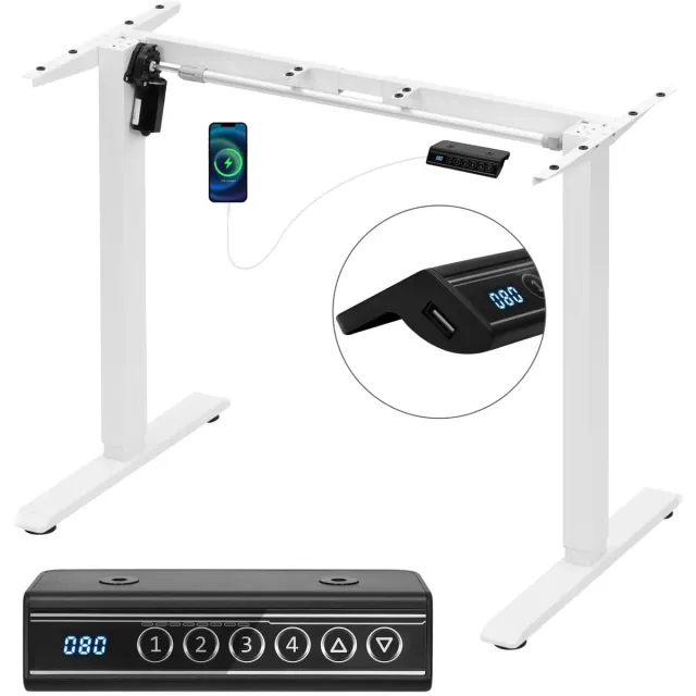 Klarven Zit-sta Bureauframe Wit - Elektrisch Bureauframe - Bureau - Bureautafel - Verstelbaar frame, 4 geheugenposities, USB-poort, belastbaar tot 70 kg - B86xd53xh9cm