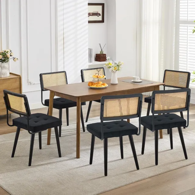 HOERFURIY Rotan Eetkamerstoelen Set van 6 - Hoge Cane Stoelen Zwart Hout & Linnen