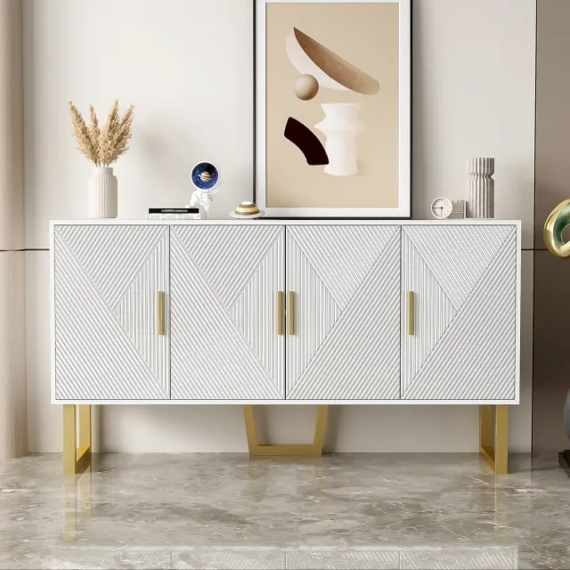 MODFU 150 cm Modern Luxueus Witte Sideboard met Hoogglanzende Geëmailleerde Deuren en Gouden Handgrepen, 4-Deuren Ontwerp, Verstelbare Planken