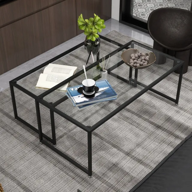 OKWISH Salontafel – 2-delige Set – Nestbare Tafels – Rechthoekig Glasblad – Zwart Stalen Frame – Voor Woonkamer – 119 x 56 x 44,5 cm