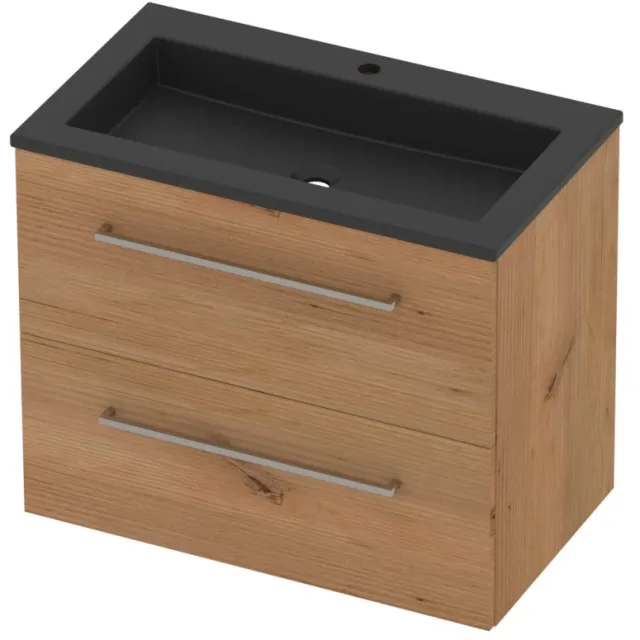 Basic-Line Aura 46 Badmeubelset Acryl 1 Kraangat Voor Grepen 80x46x62 cm Whisky Oak Mat Zwart