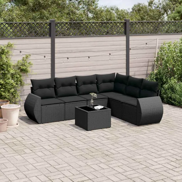 vidaXL 7-delige Loungeset met kussens poly rattan zwart, foto 2