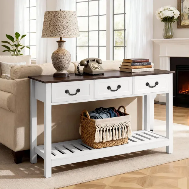 Vevor Consoletafel/Salontafel met Lades en Opbergvak, Smalle Rechthoekige Entreetafel van MDF + Spaanplaat voor Hal, Slaapkamer, Woonkamer, Entree, Gangtafel 120x30x80CM Bruin + Wit Wit ； Bruin