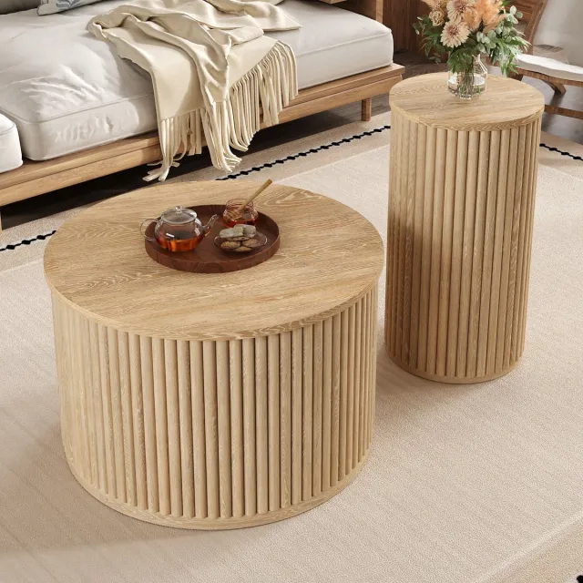 Sweiko Salontafel - Set van 2 - Ronde bijzettafel - φ60cm - Houtnerf - Natuurlijke