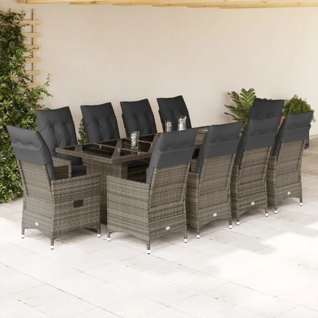 vidaXL 11-delige Bistroset met kussens poly rattan grijs