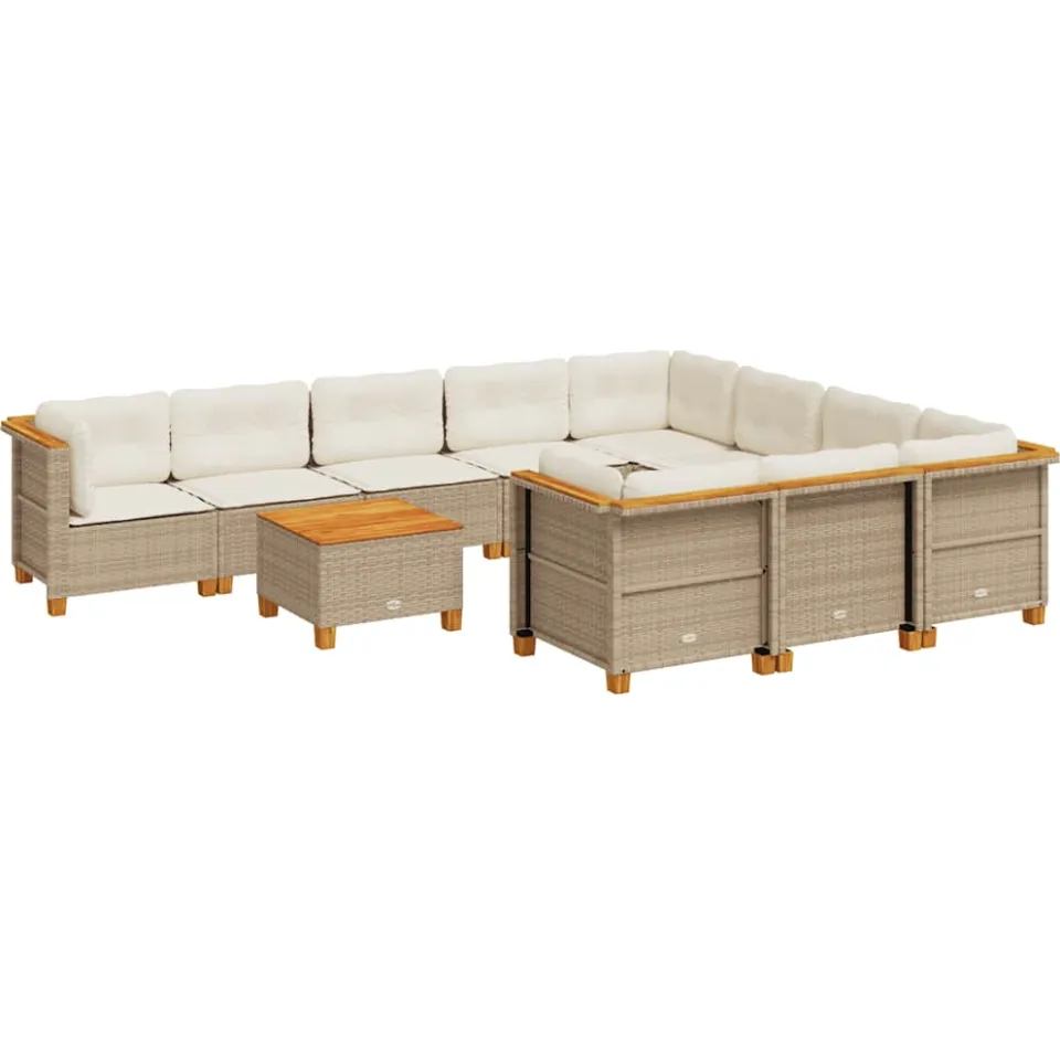 vidaXL 11-delige Tuinset met kussens poly rattan beige