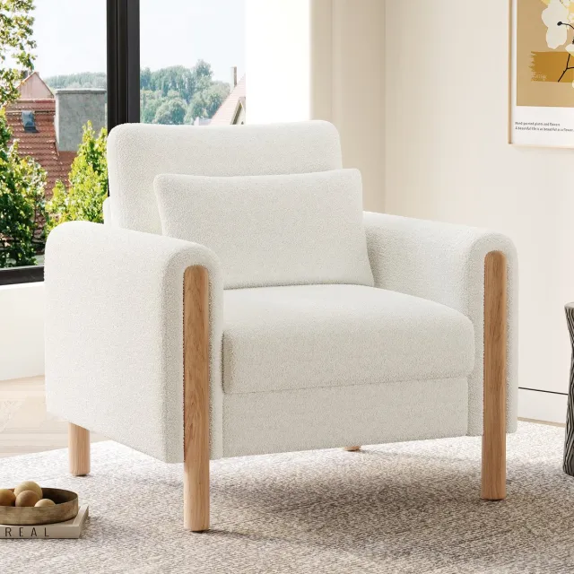 HAUSS SPOLE Fauteuil - Loungestoel Met Armleuningen En Dik Kussen - Comfortabele 1-Zits Voor Woonkamer, Kantoor En Slaapkamer - Teddystof Wit White