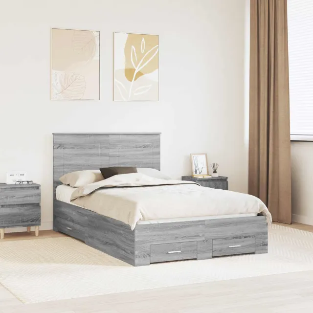 vidaXL Bedframe Grijs Sonoma 135 x 190 cm Bewerkt hout