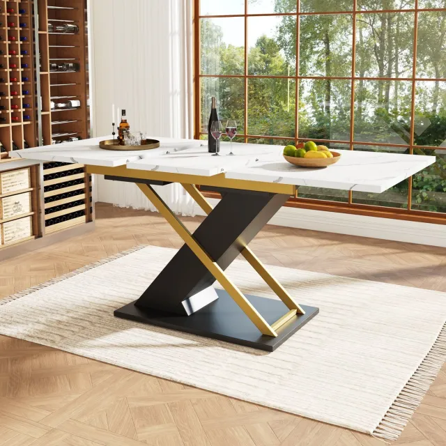DESMIU Uitschuifbare Eettafel - Marmerlook Met Kruisvormige Poten - Voor Keuken En Woonkamer - MDF En Metaal - 120 Tot 160 X 80 X 75,4 Cm - Zwart Zwart + Wit