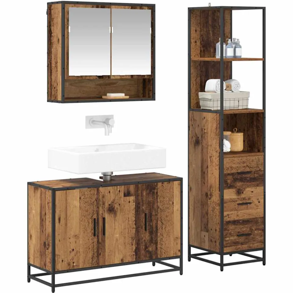 vidaXL Badkamermeubelset 3 st Oud Hout 35 x 37,5 x 166 cm Bewerkt hout Bruin
