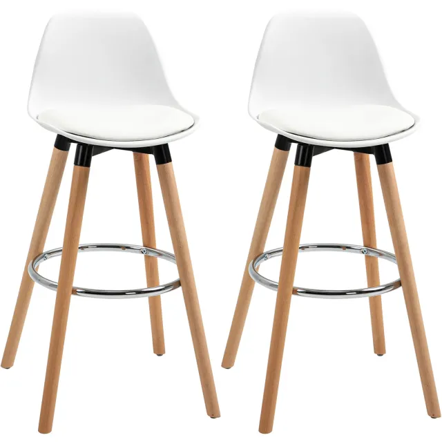 Homona Barkrukken - Set van 2 - Met rugleuning en voetensteun - Met beukenhouten poten - 38,5 x 42,5 x 91 cm - Wit