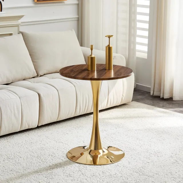 REDOM Bijzettafel - Ronde Vorm En Middenpoot - Mid-Century - Woonkamer - MDF En Metaal - Goud En Walnootkleur Goud, Walnoot