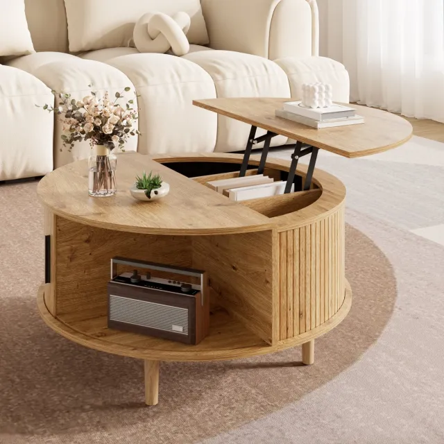 STILVORA Salontafel - Ronde Tafel Met Verstelbaar Blad En Schuifdeur - Voor Woonkamer - MDF - 80x80x59 cm - Eiken Natuurlijk Hout