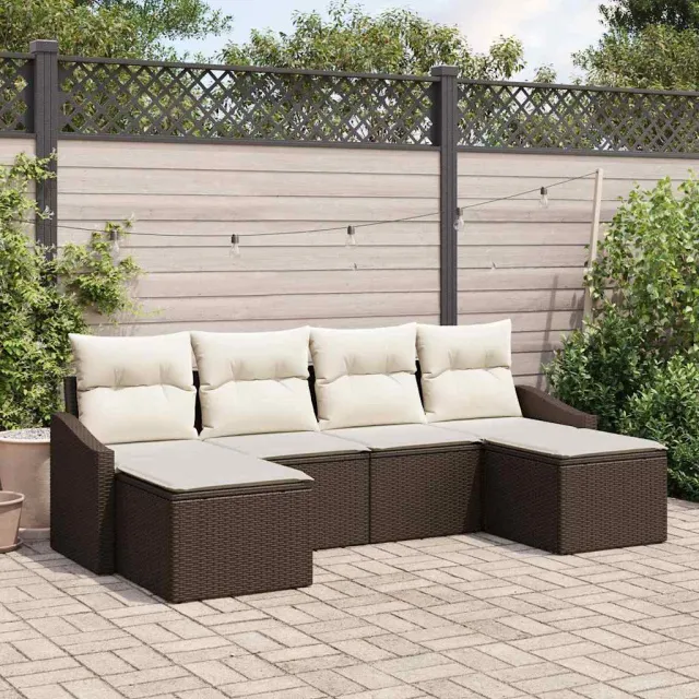 vidaXL Tuin Eetset 6 st Bruin en Crème poly rattan, foto 2